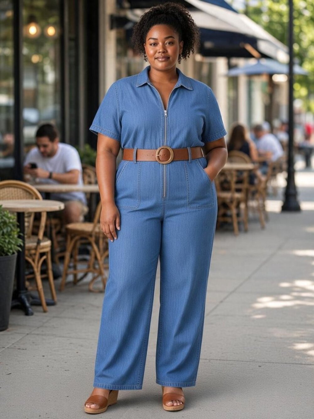 Falling Flower Jumpsuit Sz Large Blue Denim Short Sleeve Zip Front Utility